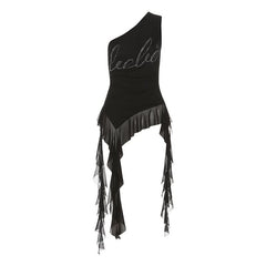 One shoulder letter beaded irregular top
