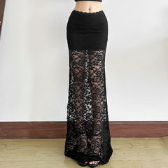 Lace see through solid maxi skirt