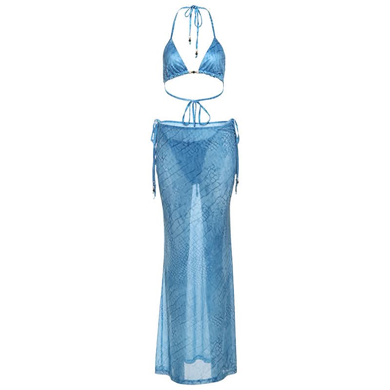 V neck self tie halter print maxi skirt set