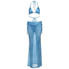 V neck self tie halter print maxi skirt set