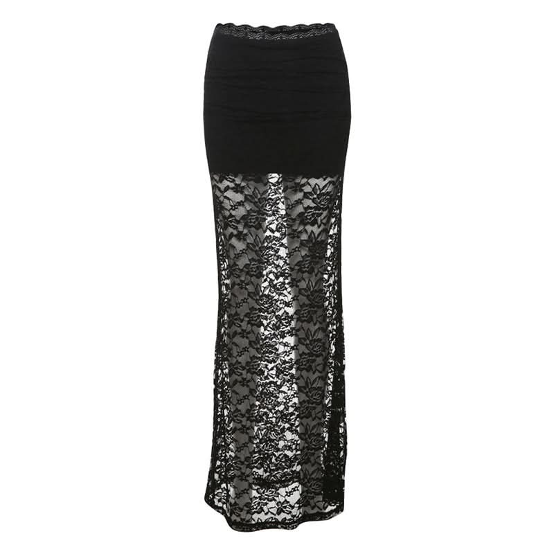 Lace see through solid maxi skirt