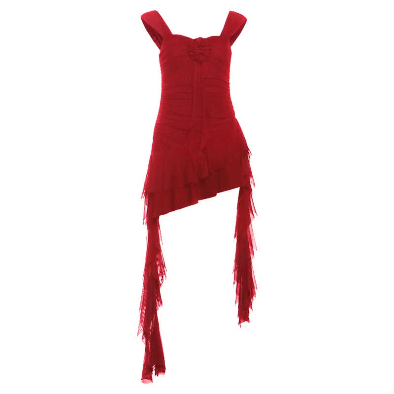 Irregular flower applique ruffle ruched mini dress