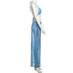 V neck self tie halter print maxi skirt set