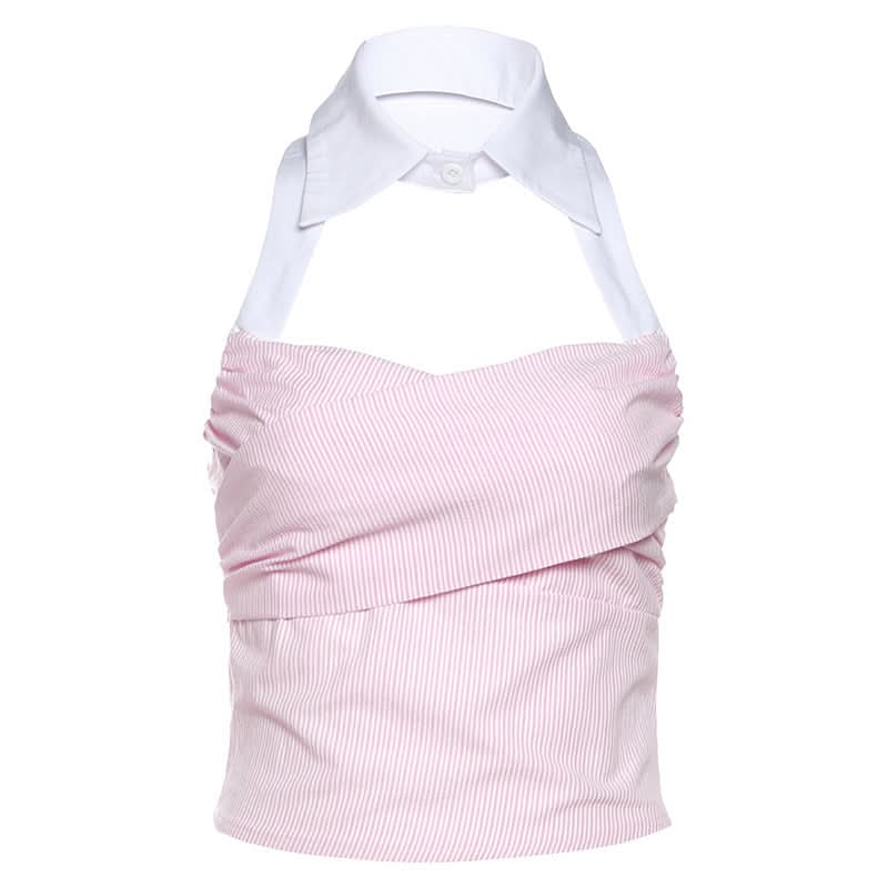 Hollow out button halter striped smocked cut out top
