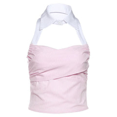 Hollow out button halter striped smocked cut out top