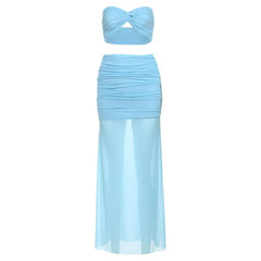 Ruched knotted mesh tube maxi skirt set