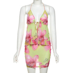 Halter self tie flower print mesh mini skirt set
