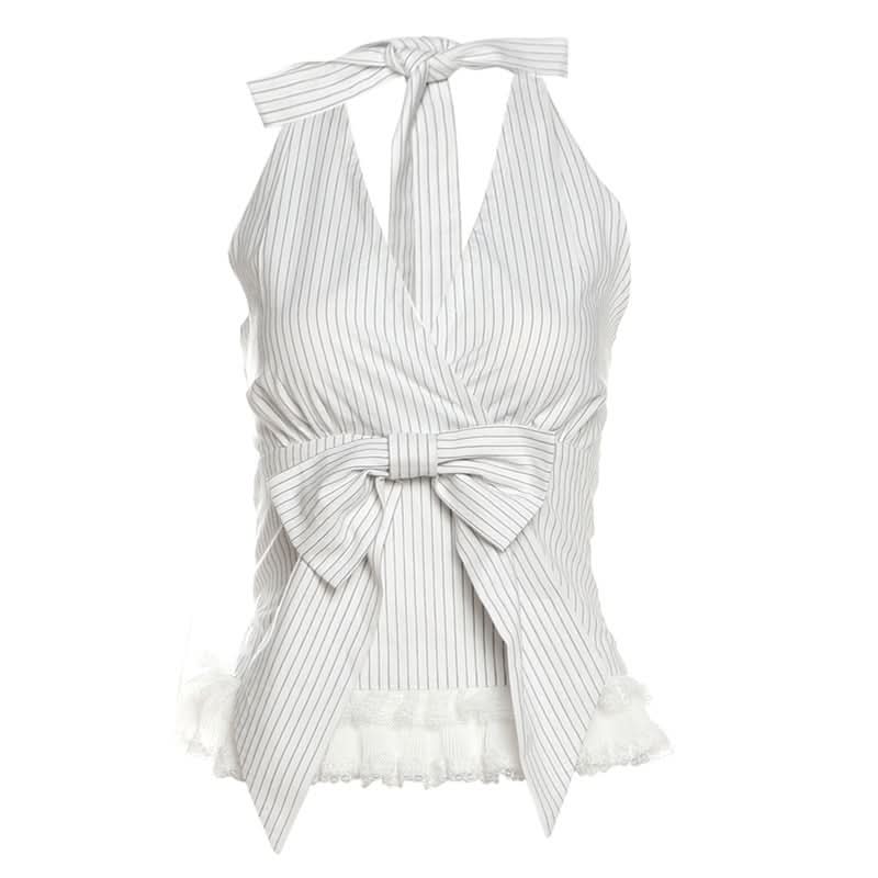 Bowknot striped lace hem halter v neck top