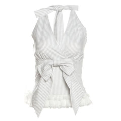 Bowknot striped lace hem halter v neck top