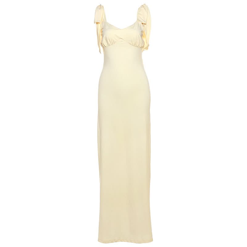 Self tie v neck ruched backless maxi dress