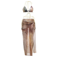 Halter contrast self tie 3 piece bikini swimwear