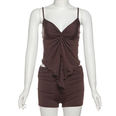 V neck solid ruched ruffle cami short pant set