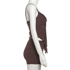 V neck solid ruched ruffle cami short pant set