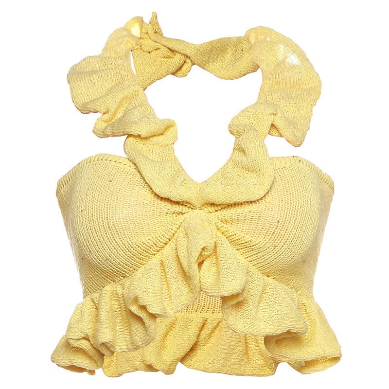 Halter ruffle knitted solid crop top