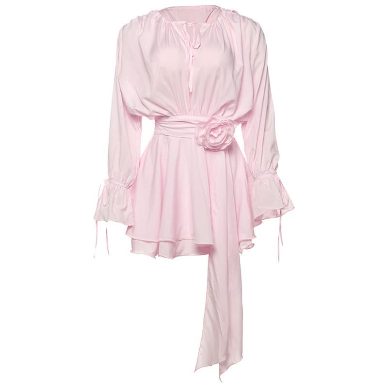 Long flared sleeve flower applique ruched ruffle mini dress
