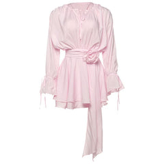 Long flared sleeve flower applique ruched ruffle mini dress