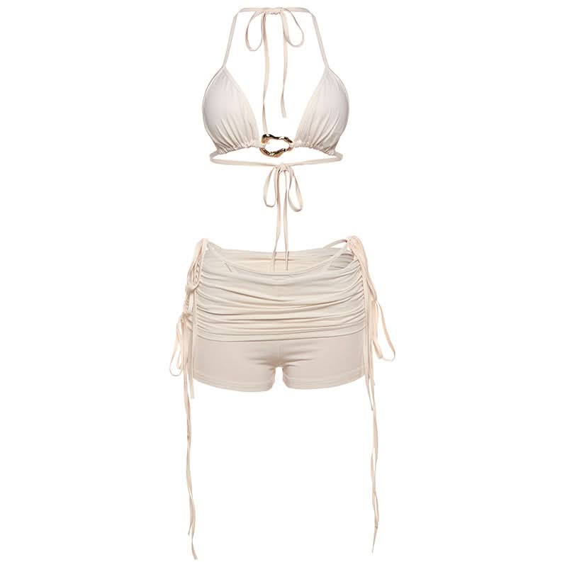 Halter self tie ruched solid 3 piece swimwear