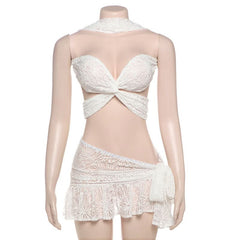Cross front lace knotted mini skirt set
