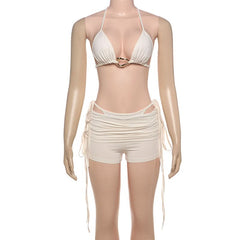 Halter self tie ruched solid 3 piece swimwear