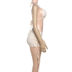 Halter self tie ruched solid 3 piece swimwear
