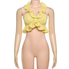 Halter ruffle knitted solid crop top