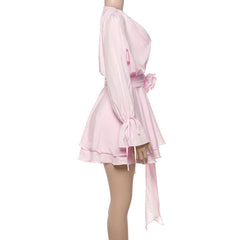Long flared sleeve flower applique ruched ruffle mini dress