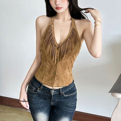 Halter tassels v neck button top