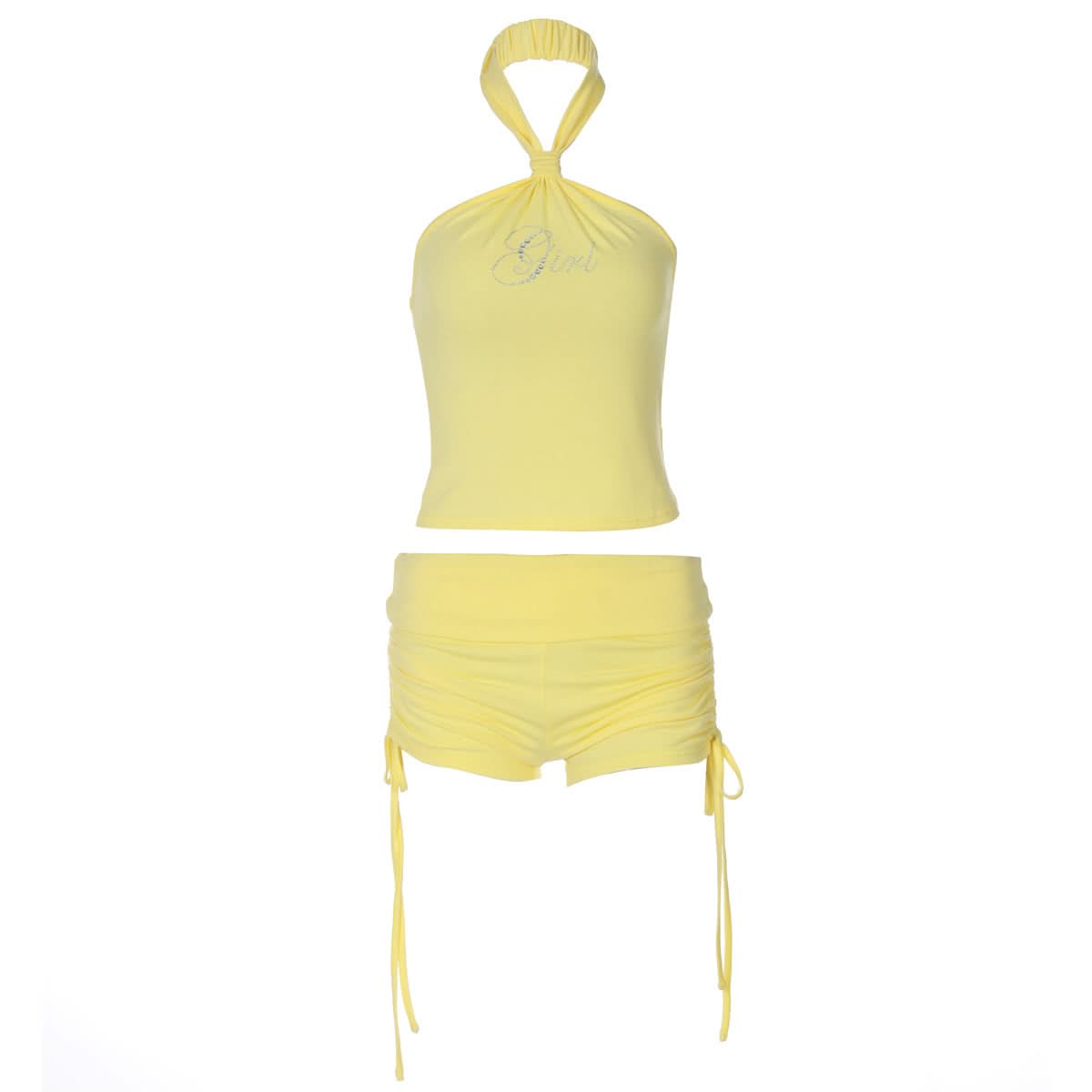 Halter beaded drawstring short pant set