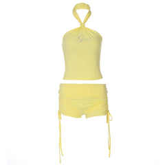 Halter beaded drawstring short pant set