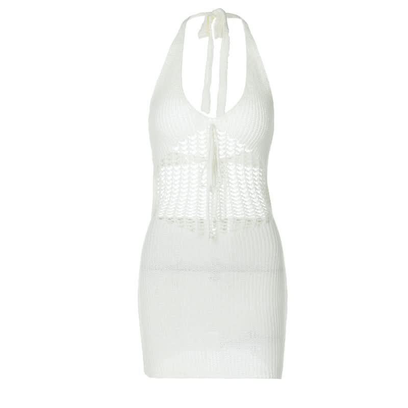 Halter hollow out self tie backless cut out mini dress