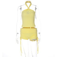 Halter beaded drawstring short pant set