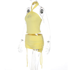 Halter beaded drawstring short pant set