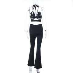 Hollow out o ring solid self tie pant set
