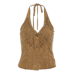 Halter tassels v neck button top