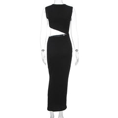Crewneck sleeveless hollow out solid cut out maxi dress