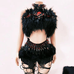 Skull applique fluffy rivet o ring leg warmer top
