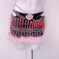 Halter rivet hollow out metal chain mini skirt set