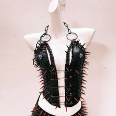 Halter o ring rivet fluffy PU leather top
