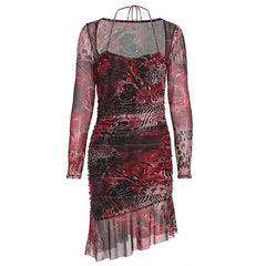 Long sleeve contrast mesh ruffle mini dress