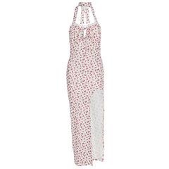 Halter flower print high slit maxi dress