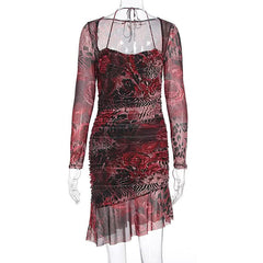 Long sleeve contrast mesh ruffle mini dress