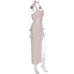 Halter flower print high slit maxi dress