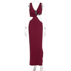V neck hollow out o ring slit cut out maxi dress