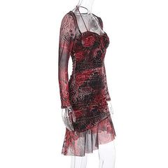 Long sleeve contrast mesh ruffle mini dress
