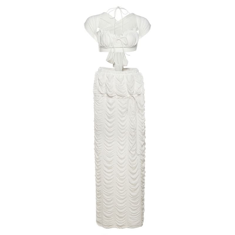 Ruched self tie halter ruffle maxi skirt set