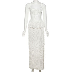Ruched self tie halter ruffle maxi skirt set