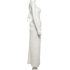 Ruched self tie halter ruffle maxi skirt set