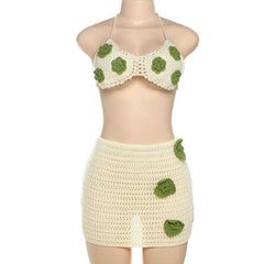 Halter self tie flower applique mini skirt set