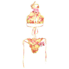 Halter self tie print flower applique pant set