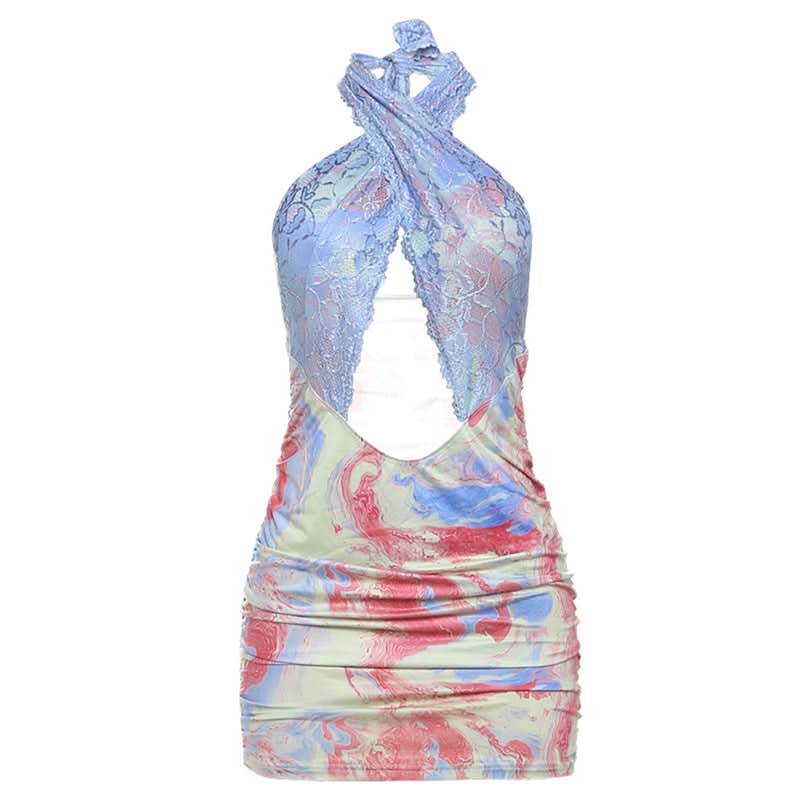 Lace hem hollow out halter ruched cut out mini dress